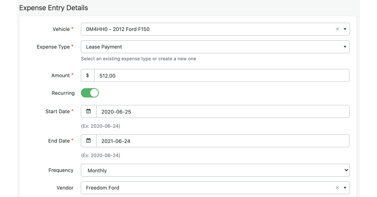 Recurring expense entry